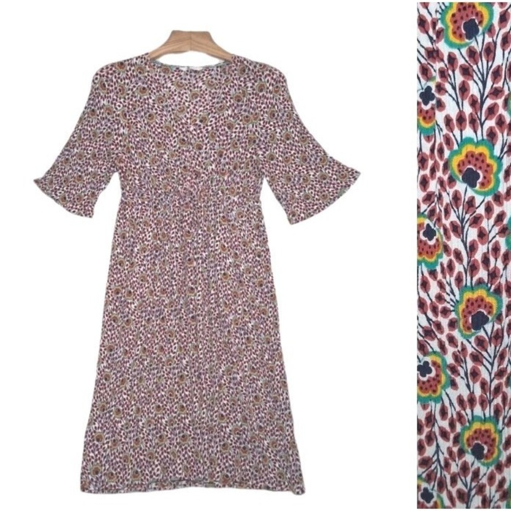 Boden Midi Babydoll Dress Womens Size 12 Red Floral Print V-Neck Half Sleeve